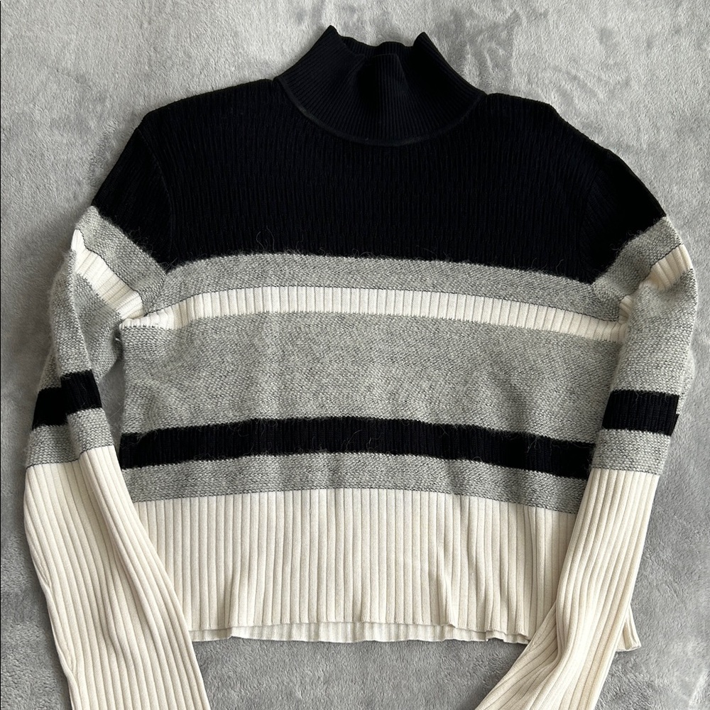 Theory Black, Gray, and Cream Striped Turtleneck Sweater